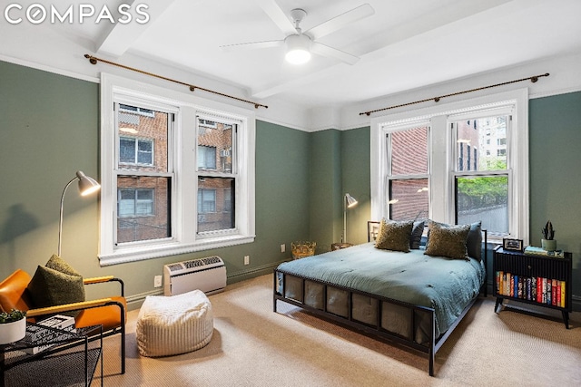 carpeted bedroom featuring ceiling fan, an AC wall unit, and beam ceiling