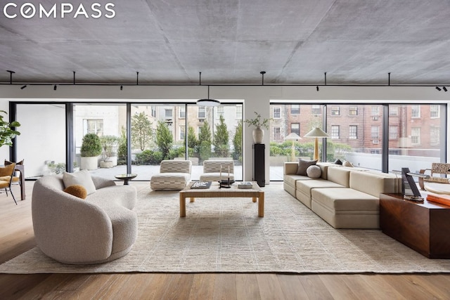 living room with light hardwood / wood-style flooring