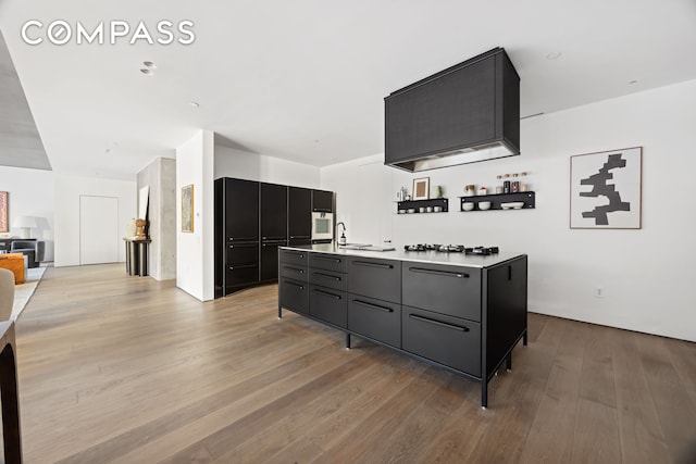 kitchen with light countertops, light wood finished floors, a center island with sink, and dark cabinetry