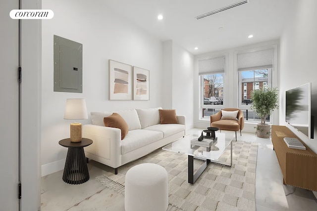 living room featuring visible vents, baseboards, electric panel, and recessed lighting