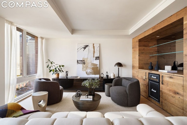 living room with a tray ceiling