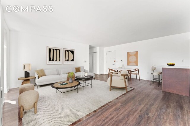 living room featuring dark wood-type flooring