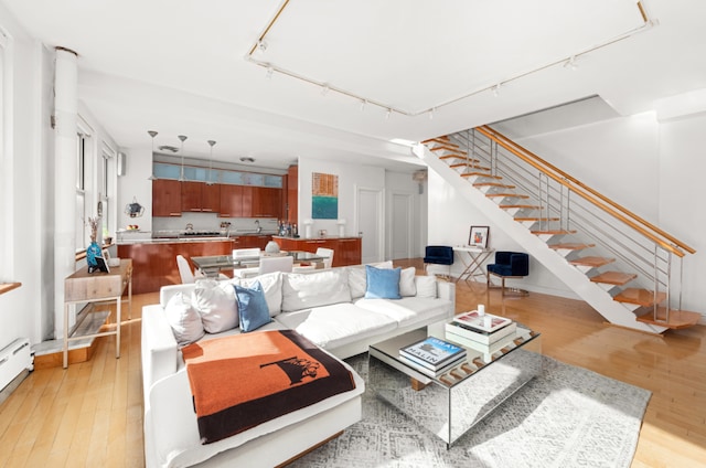 living room featuring track lighting and light wood-type flooring