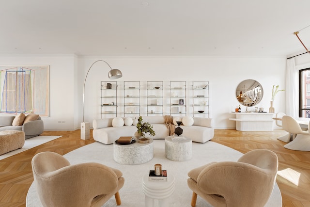 living room with light parquet floors