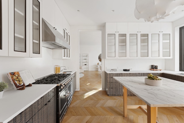 kitchen featuring light parquet flooring, dark brown cabinetry, range with two ovens, and white cabinets