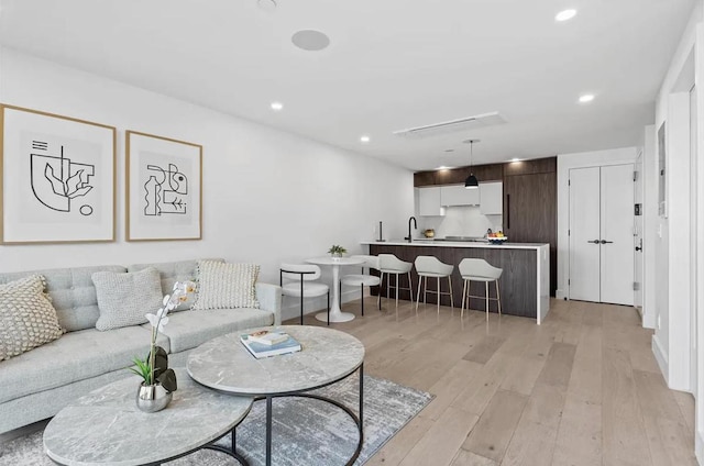 living room featuring light wood-type flooring and sink