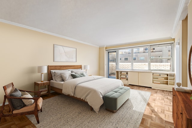 bedroom with light parquet flooring and crown molding