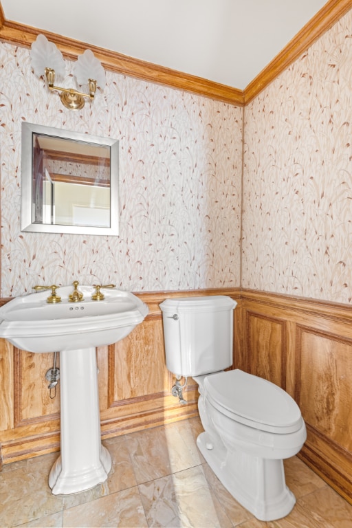 bathroom featuring toilet and ornamental molding