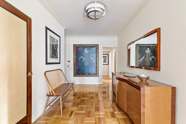 corridor with light parquet floors and crown molding