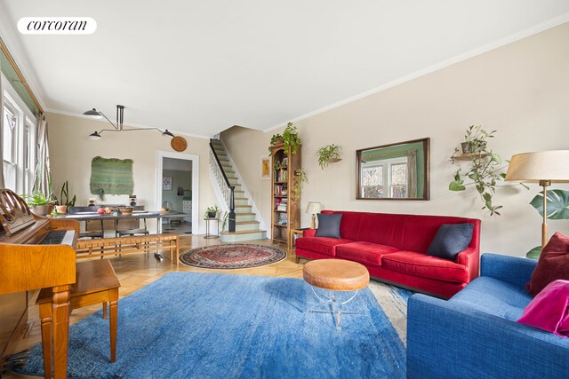 living room featuring ornamental molding