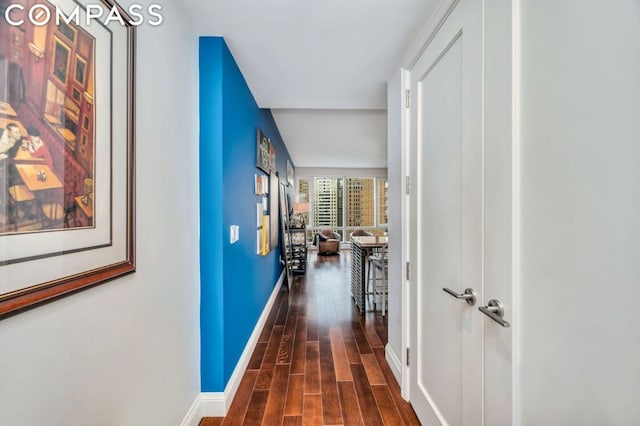 corridor with dark hardwood / wood-style flooring