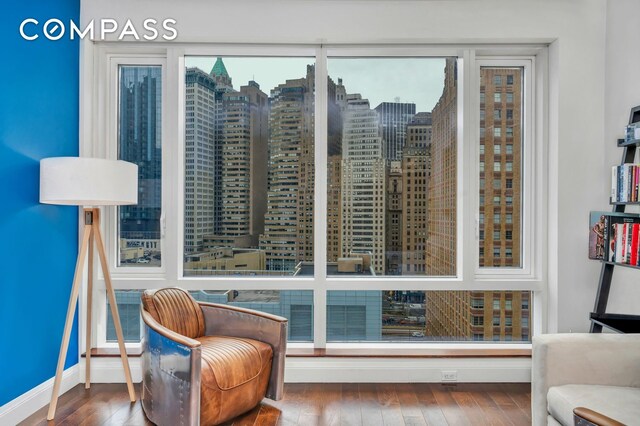 70 Little W St Unit 15A, New York City, NY 10004 - sitting room with hardwood / wood-style floors, baseboards, and a city view