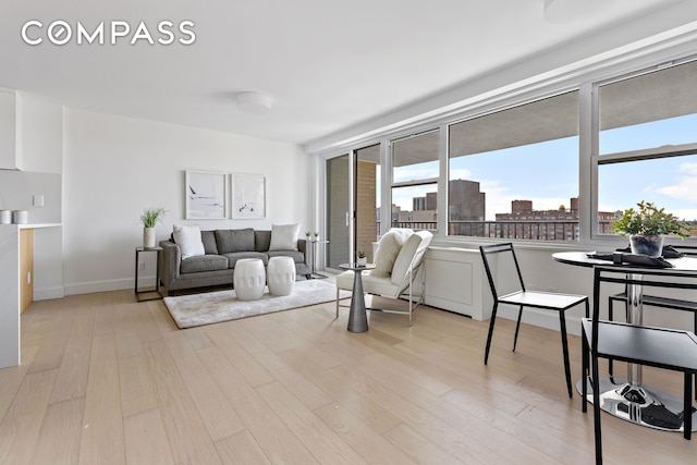 living room featuring a view of city, wood finished floors, and baseboards