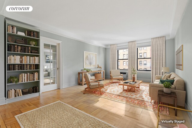 living room featuring light parquet flooring