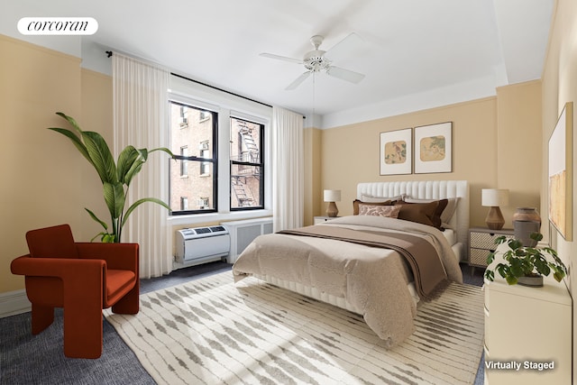 bedroom featuring carpet floors, visible vents, and a ceiling fan