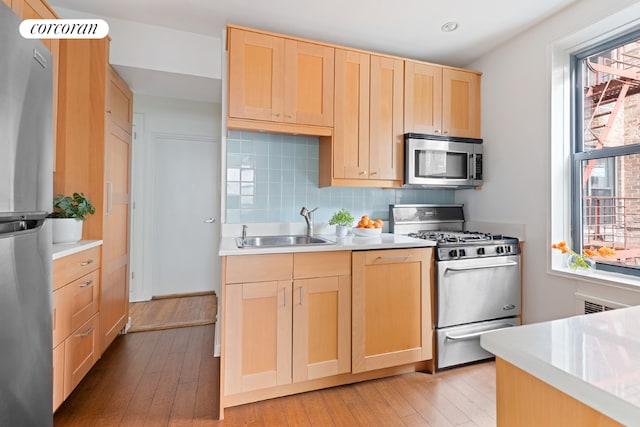 kitchen featuring appliances with stainless steel finishes, light brown cabinetry, tasteful backsplash, and sink