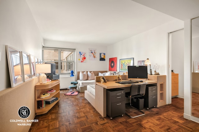 office space featuring dark parquet floors