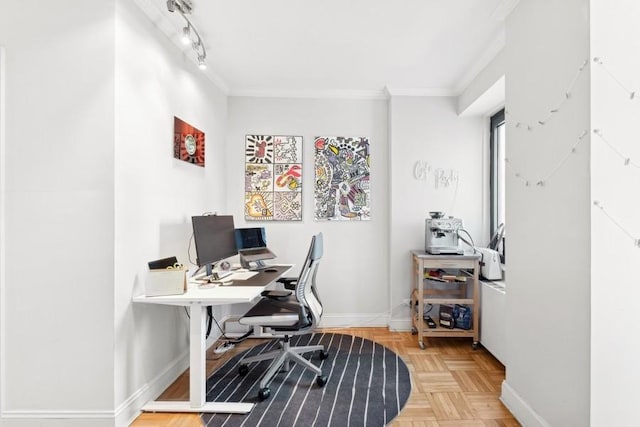 office with ornamental molding and parquet floors