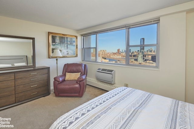 bedroom with light colored carpet and a wall unit AC