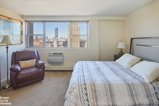 bedroom with an AC wall unit, a baseboard radiator, and light carpet