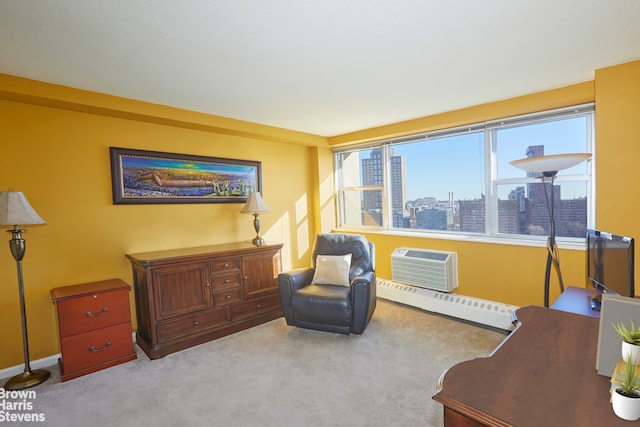 living area with light colored carpet, a wall unit AC, and a baseboard radiator