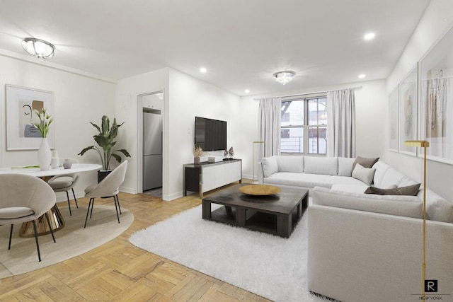 living room featuring light parquet flooring