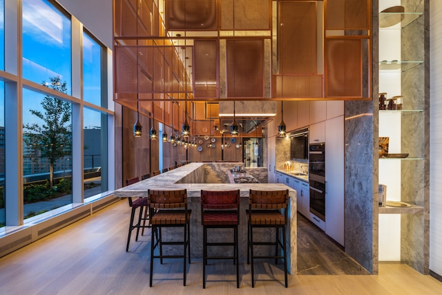 kitchen featuring hardwood / wood-style floors, a wall of windows, oven, and a healthy amount of sunlight