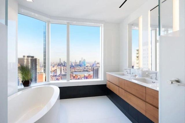 bathroom with vanity, a healthy amount of sunlight, and a tub to relax in