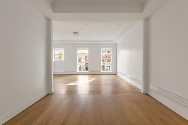 unfurnished room with hardwood / wood-style flooring, baseboards, and a raised ceiling