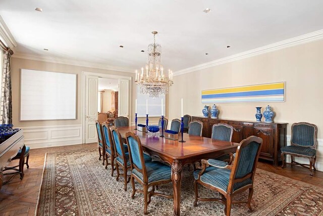 bedroom featuring dark colored carpet and crown molding