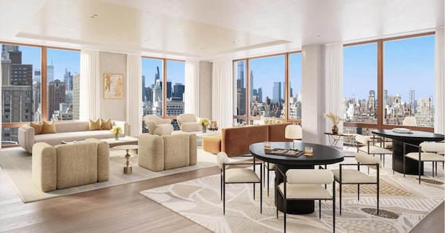 sunroom featuring a view of city, a tray ceiling, and a wealth of natural light