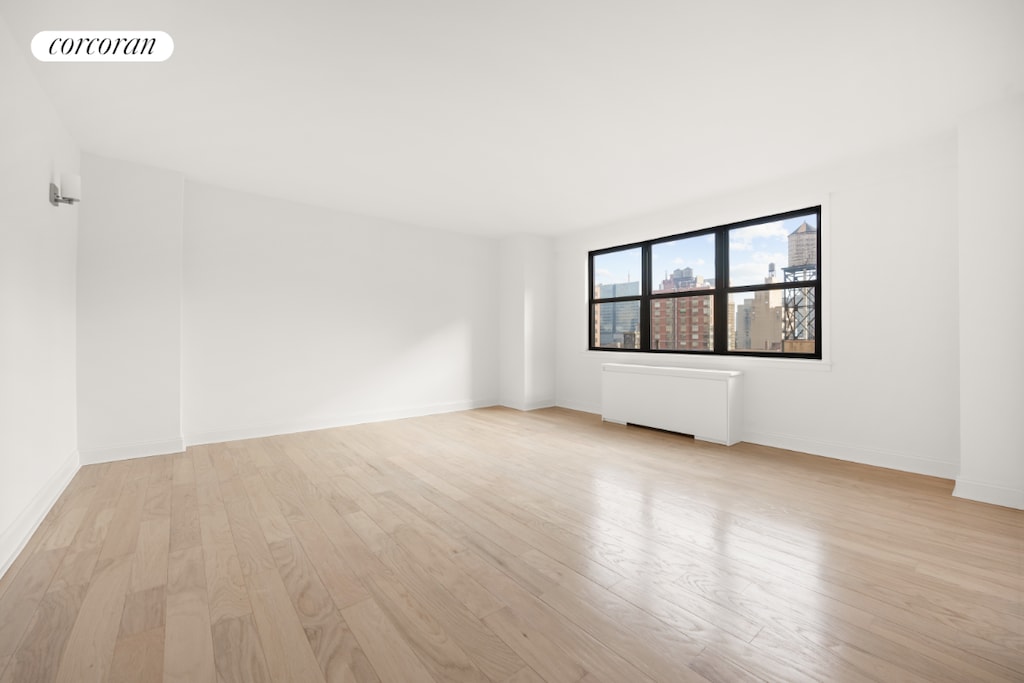 empty room featuring radiator and light hardwood / wood-style flooring