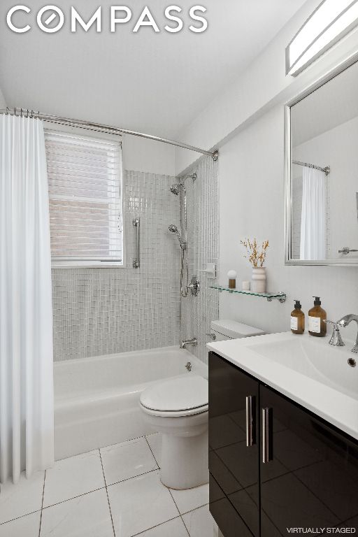 full bathroom featuring toilet, shower / tub combo, tile patterned flooring, and vanity