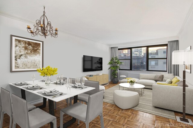 living room with parquet floors, crown molding, and a chandelier