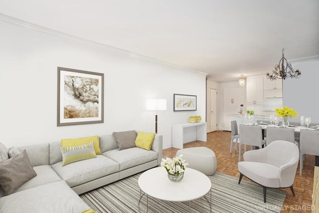 living room with light parquet floors, crown molding, and an inviting chandelier