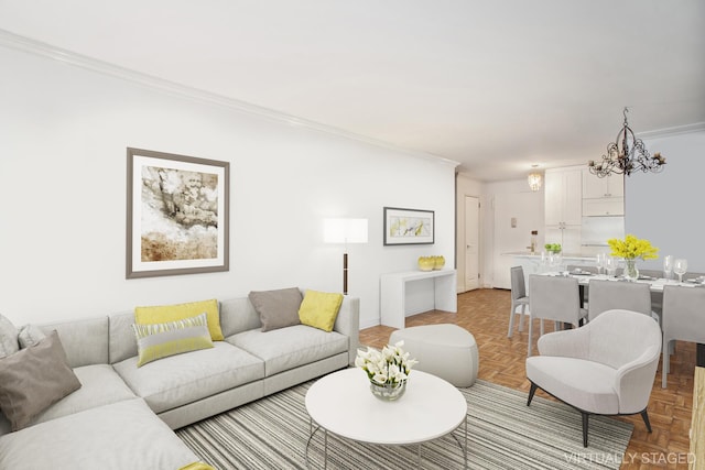 living room with baseboards, ornamental molding, and a notable chandelier