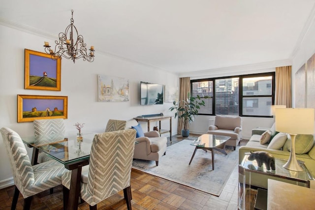 living room with parquet floors, ornamental molding, and a chandelier