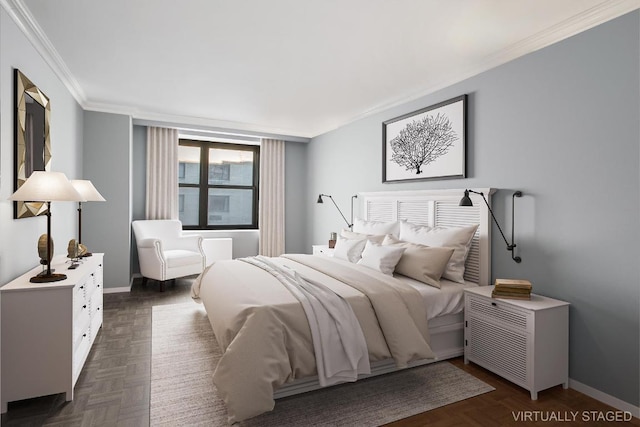 bedroom featuring crown molding and dark parquet floors