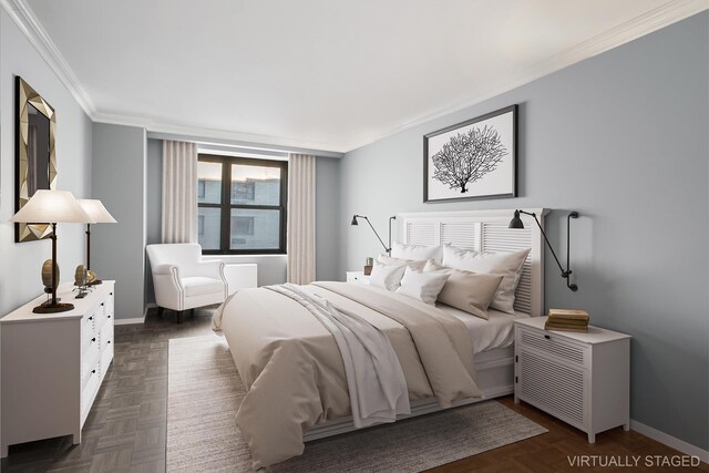 bedroom featuring dark parquet flooring and crown molding