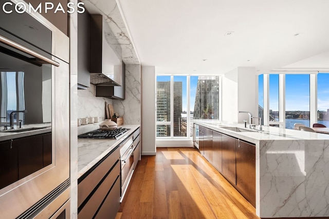 kitchen featuring light stone countertops, wall chimney exhaust hood, light hardwood / wood-style floors, sink, and backsplash