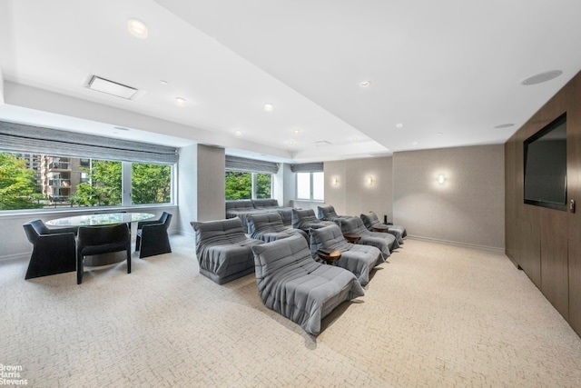 carpeted home theater room with a raised ceiling