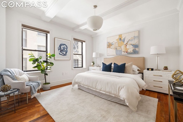 bedroom featuring hardwood / wood-style flooring, crown molding, and beamed ceiling