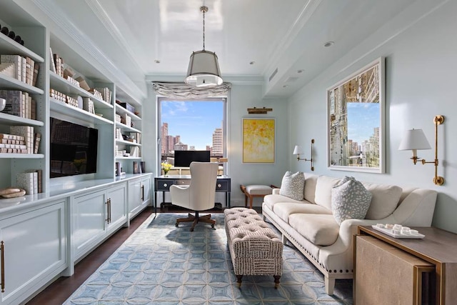 home office featuring dark wood-style flooring and crown molding