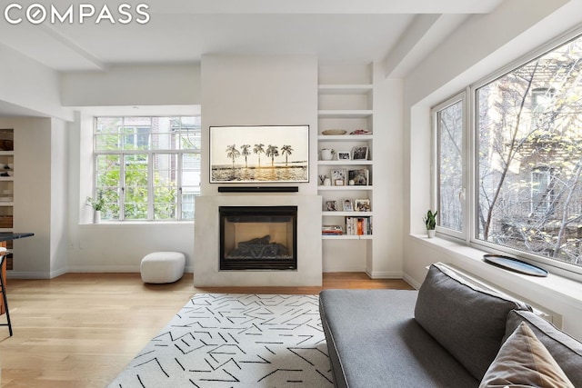 living room featuring a wealth of natural light, light hardwood / wood-style floors, and built in features