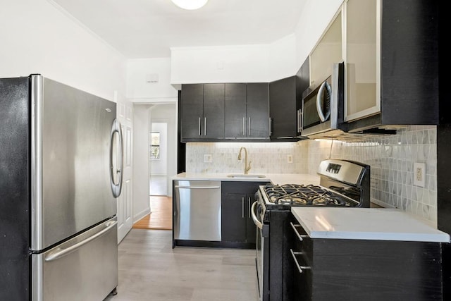 kitchen with light wood-type flooring, sink, decorative backsplash, and stainless steel appliances