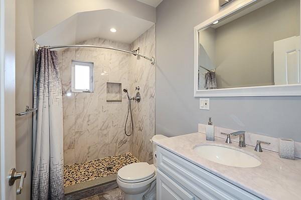 bathroom featuring toilet, vanity, and a shower with curtain