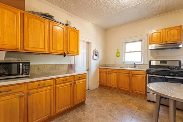 kitchen featuring stainless steel appliances, ornamental molding, and sink