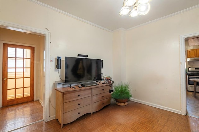 living room featuring light parquet flooring and ornamental molding