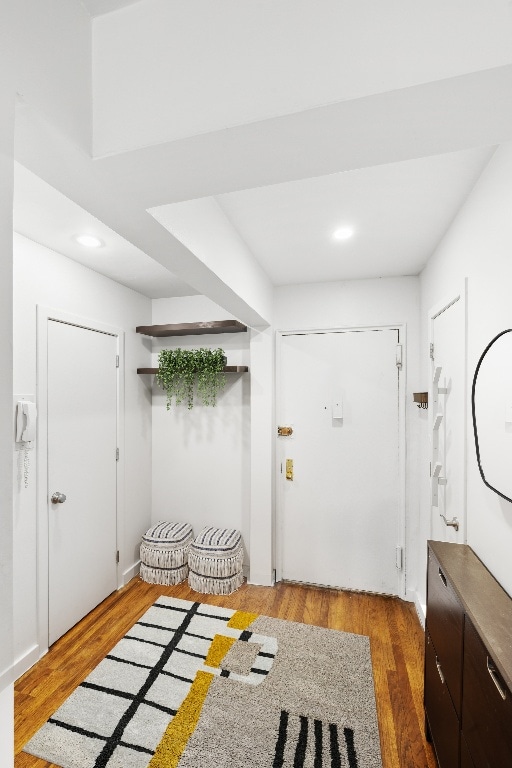 mudroom with dark hardwood / wood-style flooring