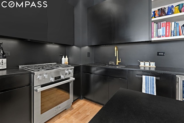 kitchen with sink, gas range, and light hardwood / wood-style floors